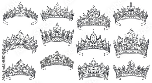 Collection of elegant hand-drawn tiaras and crowns on a white background