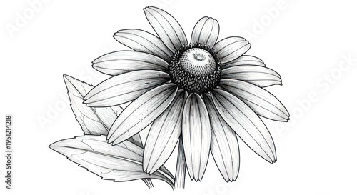 Detailed Black and White Sketch of a Daisy Flower with Leaves