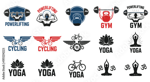 Fitness and Sports Emblems: Powerlifting, Gym, Cycling, Yoga Icons