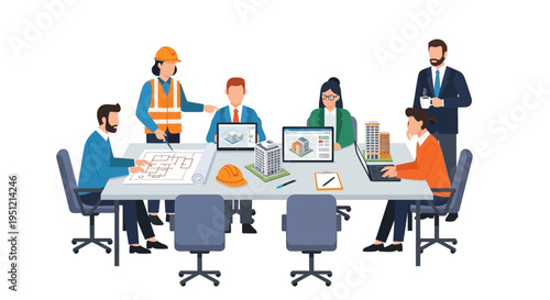 Team of professionals collaborating on a construction project.