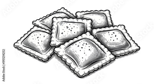 Hand-drawn illustration of ravioli pasta squares with filling and seasoning, isolated on white.