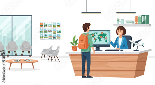 Travel agency employee assisting a tourist at counter.