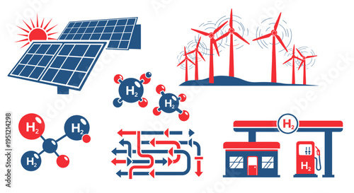 Renewable Energy Sources: Solar Panels, Wind Turbines, Hydrogen Fuel Station, and Molecules