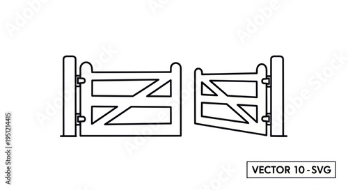 Wooden Farm Gate, Open and Closed, Vector Illustration