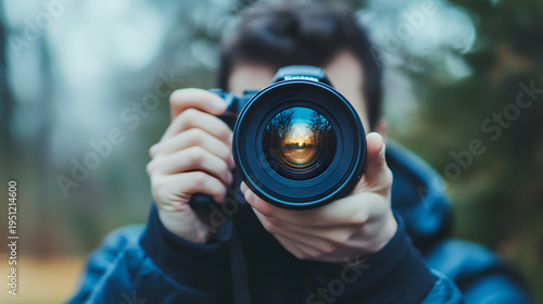 man taking photo with camera lens front view outdoor portrait style