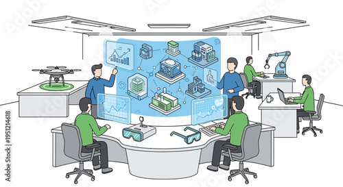 Team Collaborating on Futuristic Technology Display.