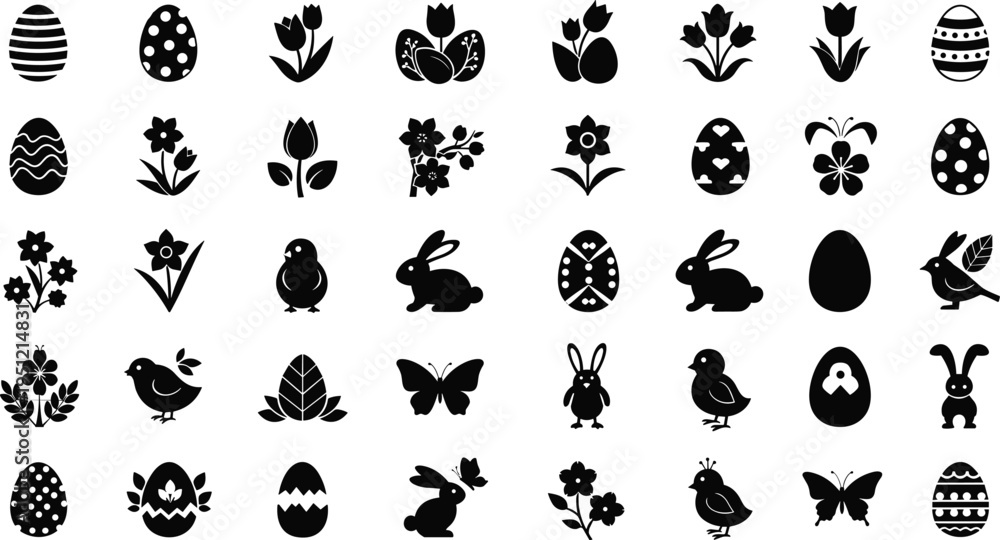 Fototapeta premium Black Easter icons set with eggs flowers rabbits and birds