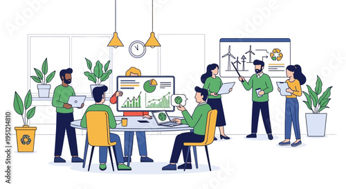 Team meeting discussing green energy solutions and data analysis.
