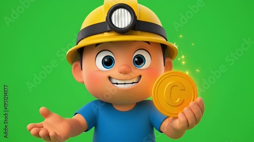 Cartoon character in a yellow hard hat holding a gold coin animation