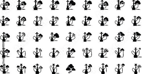 Hookah smoke icon set shisha pipe smoking vapor cloud silhouette vector illustration collection for lounge bar design