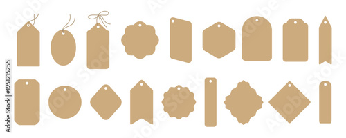 Editable vector collection of blank craft paper gift tags with strings. Various brown cardboard label templates for product packaging, retail price tags, wedding favors, eco branding and diy crafts.