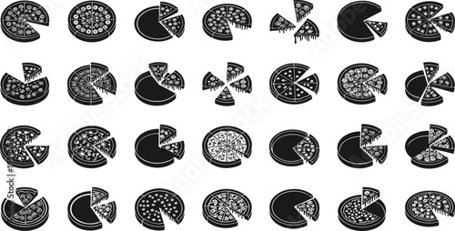 Collection of black and white pizza illustrations with various toppings