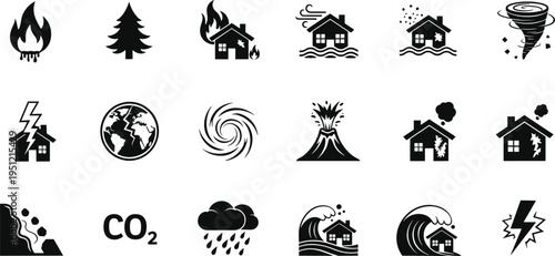 Natural disaster icon set earthquake flood hurricane tornado wildfire volcano storm climate emergency vector illustration collection