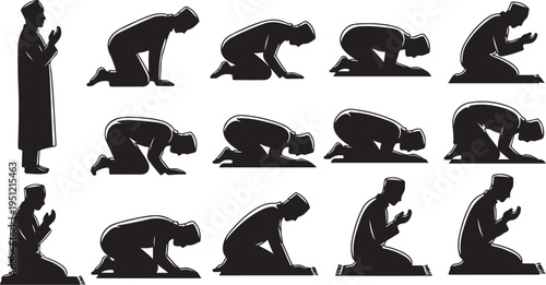 Muslim man praying in various positions silhouette illustration set