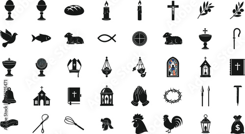 Collection of Christian and biblical symbols and icons in black silhouette