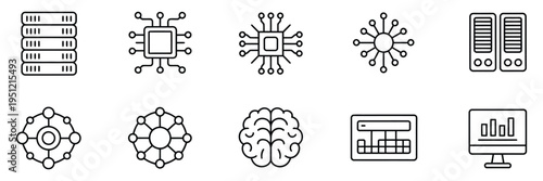 Supercluster and hyperscale data center icons, vector illustrations ideal for artificial intelligence research, high-performance computing