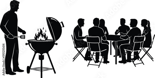 People barbecue party silhouette grilling food outdoor gathering friends dining social cooking picnic lifestyle vector illustration