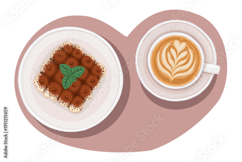 Italian tiramisu and cappuccino coffee top view vector food illustration. Hand drawn composition with heart shaped background. Sweet dessert for cafe menu design. Perfect for restaurant packaging.