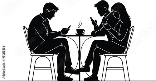 People sitting in cafe using smartphones social media addiction communication technology lifestyle silhouette vector illustration coffee table scene