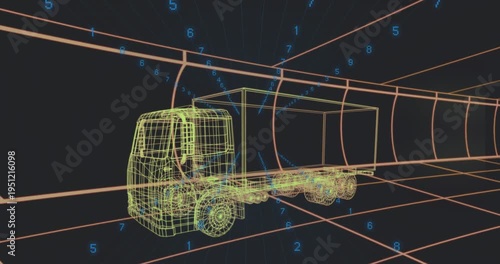 On start lime wireframe truck staying as blue digits flowing through orange grid showing data flow