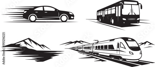Transportation Modes in Motion with Mountains in Background Scene