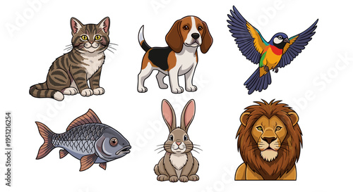 Cartoon Animals Illustration: Cat, Dog, Bird, Fish, Rabbit, Lion Together on White Background for Children's Book, Education Material, Wildlife Concept, Domestic and Wild Animated Animal Set, Mammals,