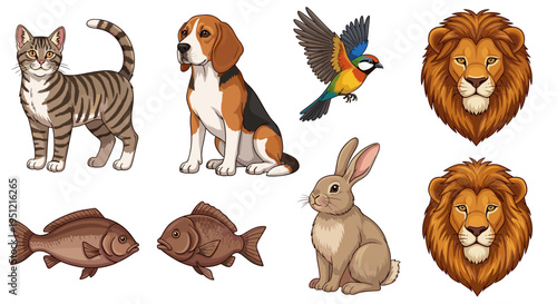 Vibrant Animal Kingdom Illustration: Diverse Wildlife Cartoon Set - Embracing Pets, Aquatic Life, Feline & Canine Companions, Majestic Lions, Colorful Birds and Cuddly Rabbits in Detailed Vector Desig