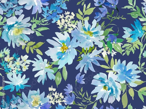 Abstract watercolor floral seamess pattern with hand painted blue wild flowers for fabric, home decor and surface design. Modern botanical wall paper.