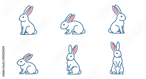 Charming Rabbit Illustrations Set: Playful Bunnies in Various Poses, Ideal for Children's Books, Easter Designs, and Spring Themes. Minimalist Animated Cartoons Depicting Cute Domesticated Pets, Deliv