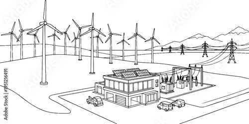 Line art vector of renewable energy power plant, wind turbines and solar substation
