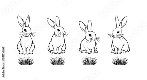 Charming Easter Bunnies Relaxing in a Grassy Meadow: Line Art Cartoon Rabbits Enjoying Springtime,  Ideal for Children's Illustrations, Coloring Books, and Whimsical Designs, Promoting Joy, Innocence