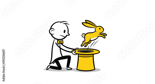 Cartoon Magician Performing Magic Illusion with Rabbit Hopping Out of Hat on White Background: Children's Entertainment, Conjurer, Stick Figure, Show, Fantasy, Isolated, Magic Trick, Fun, Drawing, Sur