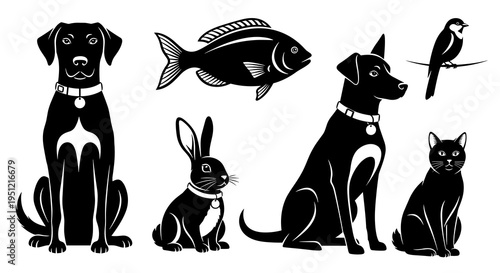 Collection of Pets Silhouette Vector Illustrations: A Group of Domestic Animals Featuring Dog, Cat, Rabbit, Bird, and Fish in Clean Black and White Drawing Style for Veterinarian Clinic Designs & Pet