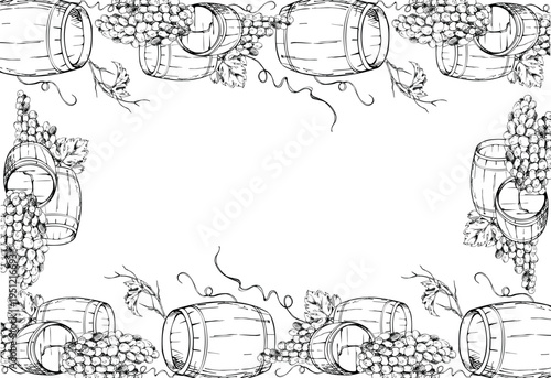 Wine cellar barrel casks, grapevine tendrils, ripe harvested fruit bunches. Classic border frame isolated vector illustration hand drawn in ink. Vineyard lifecycle infographics, sommelier certificates