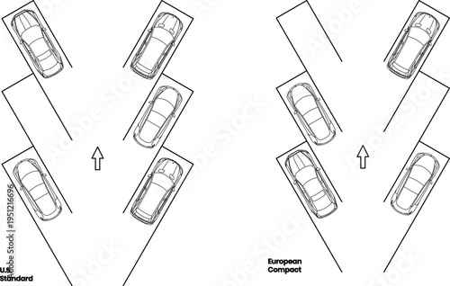 Car Parking Layout Plan, 30 Degree, Two Way Parking Arrangement, Top View Parking Floor Plan, Vector, Editable Stroke, Illustration