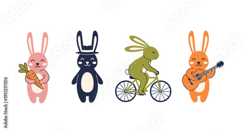 Joyful Rabbits Celebrating Spring: Cute Bunny Characters Having Fun Outdoors, Cartoon Easter Animals with Carrot, Guitar & Bicycle, Whimsical Nature Illustration, Cheerful Vector Art for Children, Hol