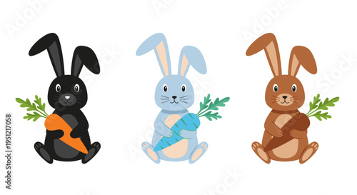 Cute Bunnies Holding Carrots Vector Illustration: Easter Animals Artwork for Kids, Farm Designs, Animal Clipart, Whimsical Art Projects, Children Illustrations, Isolated Rabbit Cartoon Characters, Pet