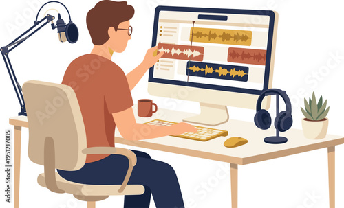 Podcast Creator Man Editing Audio on Computer with Microphone and Headphones