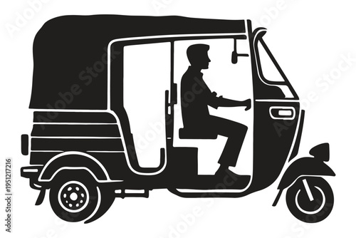 Silhouette of a person driving a three-wheeled auto rickshaw on a city street. isolated on white background, Vector, illustration