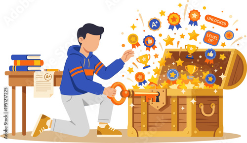 Education Unlocks Success and Achievement Represented by a Student Opening a Treasure Chest of Academic Rewards