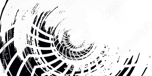 Abstract spiral tire tread pattern in black and white, forming a dynamic vortex effect.