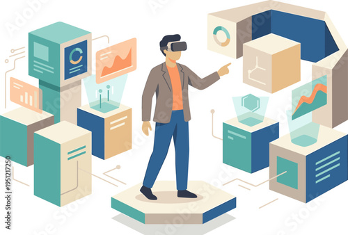 Virtual Reality User Exploring Data Visualizations and Digital Interfaces in an Abstract Technological Environment