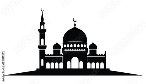 Silhouette of an iconic mosque with a grand dome and minarets against a plain background isolated on white background, Vector, illustration