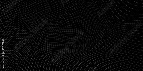 Abstract digital background featuring a flowing wireframe grid made of thin white lines on a deep black backdrop.