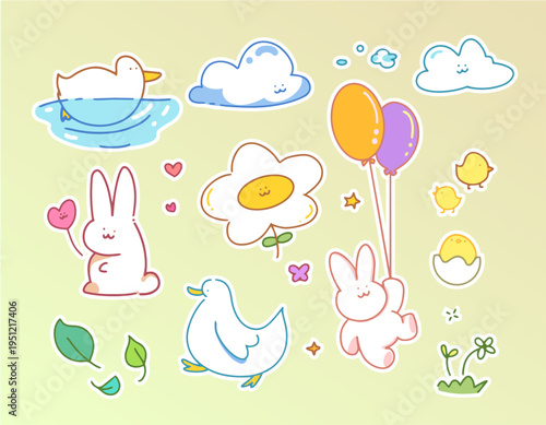 Spring theme animals sticker with smiley faces for children book illustration. Simple cute hand drawn bunny, duck, chickens ,cloud and flowers. 