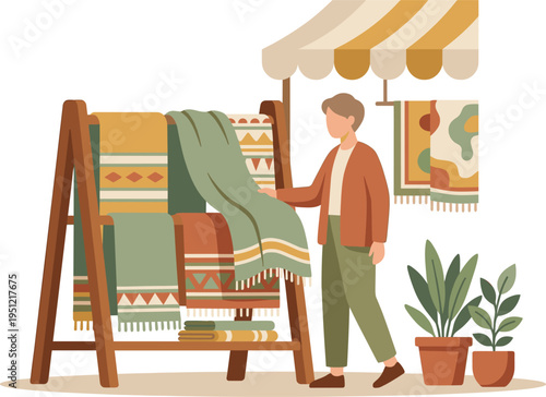 Market Visitor Explores Colorful Patterned Textiles Displayed at an Inviting Outdoor Stall