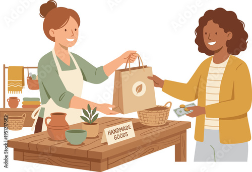 Handmade Goods Stall Transaction with Smiling Seller and Happy Customer
