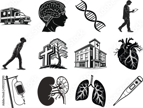 A collection of medical and healthcare icons, including an ambulance, human organs, DNA strands, and a hospital building, presented in a black and white graphic style for clinical use.