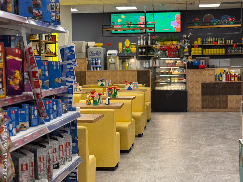 Fototapeta premium Toy-themed cafe with yellow booths