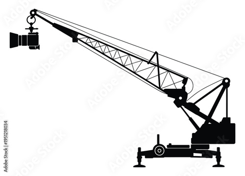 A vintage-style crane with extended arm and counterweight system in a monochromatic design isolated on white background, Vector, illustration